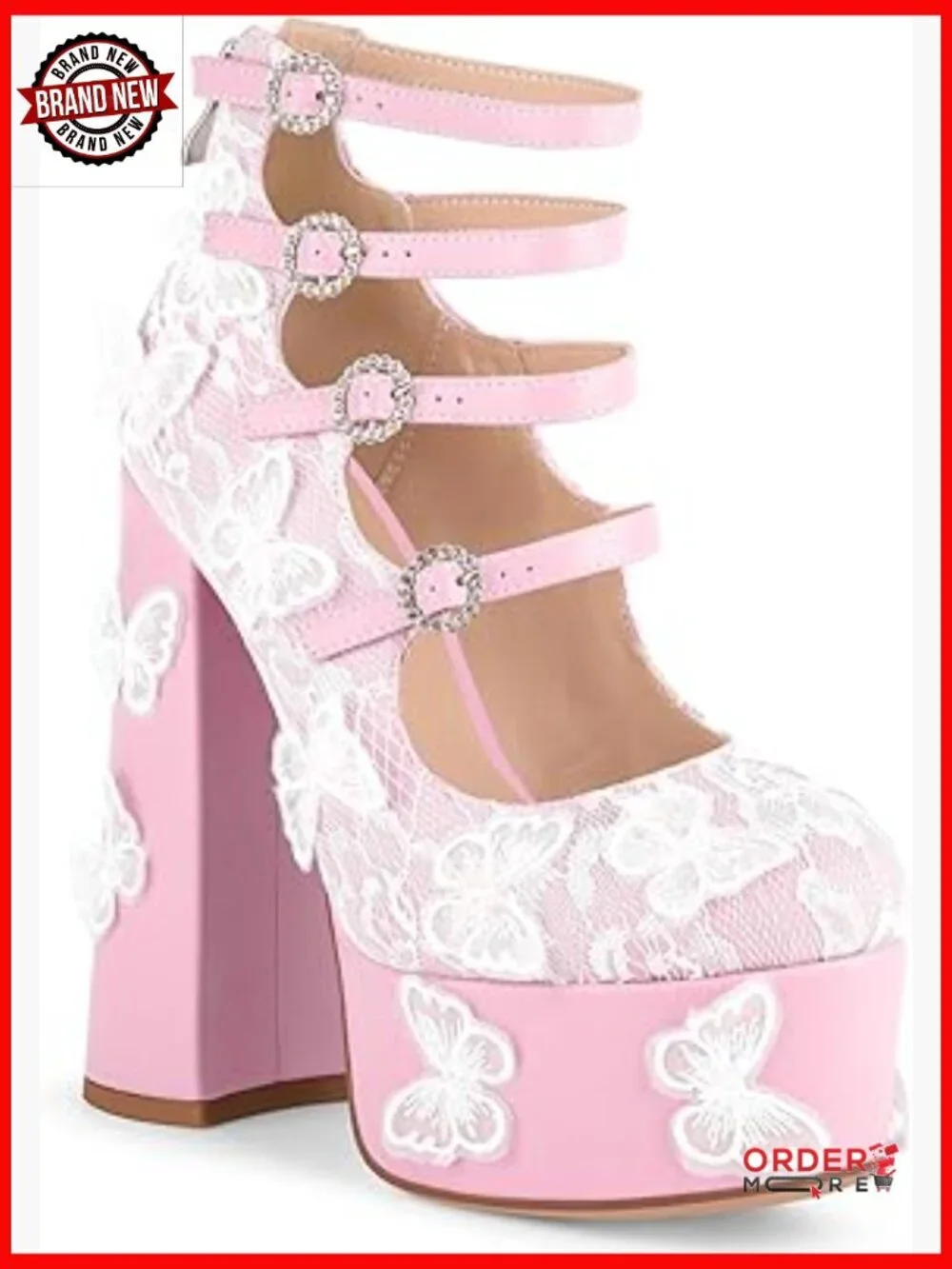 Platform Chunky Heels Lace Butterfly Square Toe Ankle Strap Mary Jane Pumps